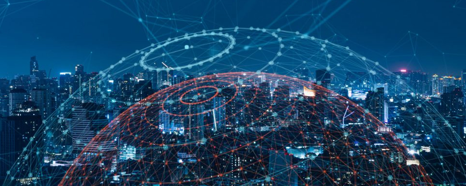 Network image of connected devices to convey the idea of a shield around your data