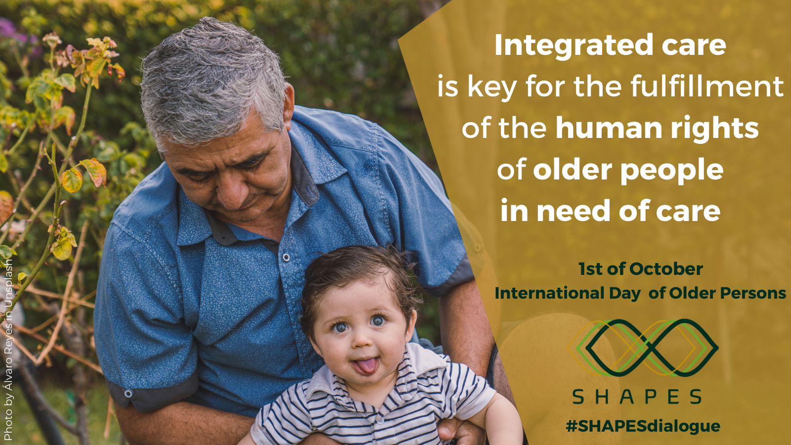 Image of older man holding child with text promoting second dialogue workship for shapes project.