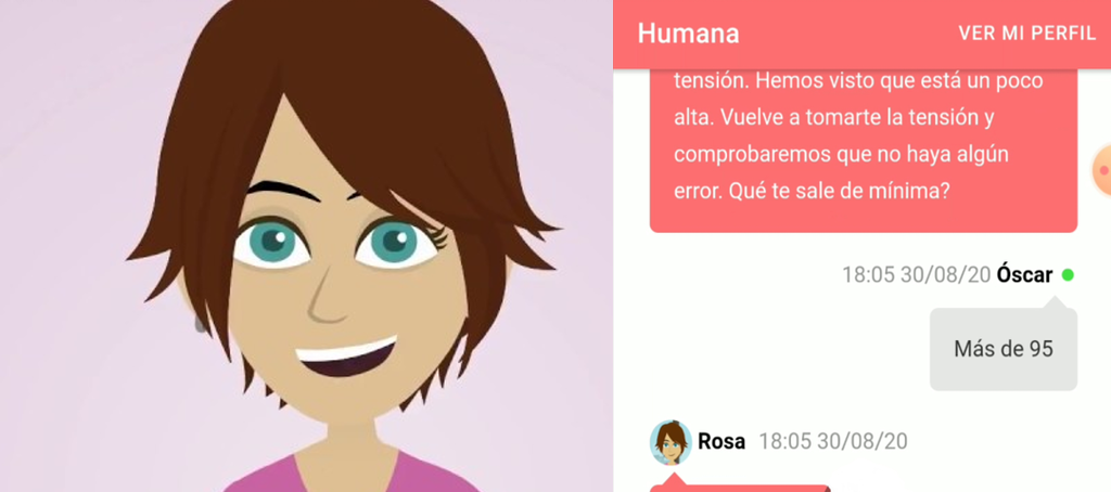 (Left) Rosa avatar, the virtual nurse (right) Screenshot of Rosa chatbot having a conversation with the senor user.