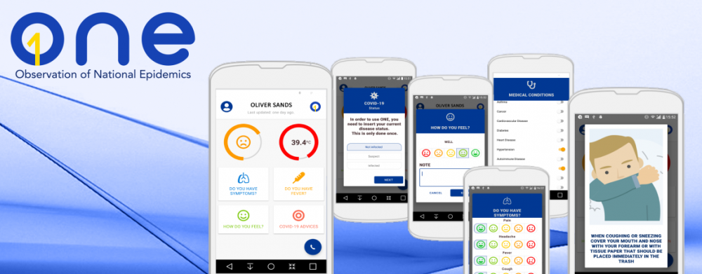 From left to right, the image presents (i) the ONE dashboard, displaying the latest mood and the latest temperature measurement reported by the patient, and the buttons to report on temperature levels, mood state and severity of symptoms and to read the relevant COVID-19 recommendations; (ii) the ONE COVID-19 status screen, in which patients identify themselves as infected, not infected or suspected of being infected with the COVID-19 disease; (iii) the ONE mood screen, showing a smiley Likert scale to establish the prevailing patient mood; (iv) the ONE symptoms displaying of the specific COVID-19 symptoms, to select the appropriate severity level using a smiley Likert scale; (v) the ONE medical conditions monitor presenting the pre-existing medical conditions of the patient; and (vi) the ONE COVID-19 advice card, providing guidance through text and a visual aid on how to proceed when coughing or sneezing to mitigate the risk of transmitting the COVID-19 disease.