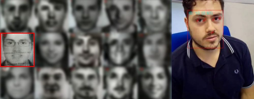 A set of facial images from ID cards and an image of a person captured with a mobile phone are seen. Around the captured person’s face, some feedback graphics from the digital solution show that the person has been correctly recognized as one of the registered IDs.