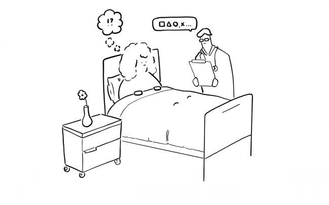 Cartoon drawing of a patient in a bed with a doctor reading a chart to them. The patient is confused.