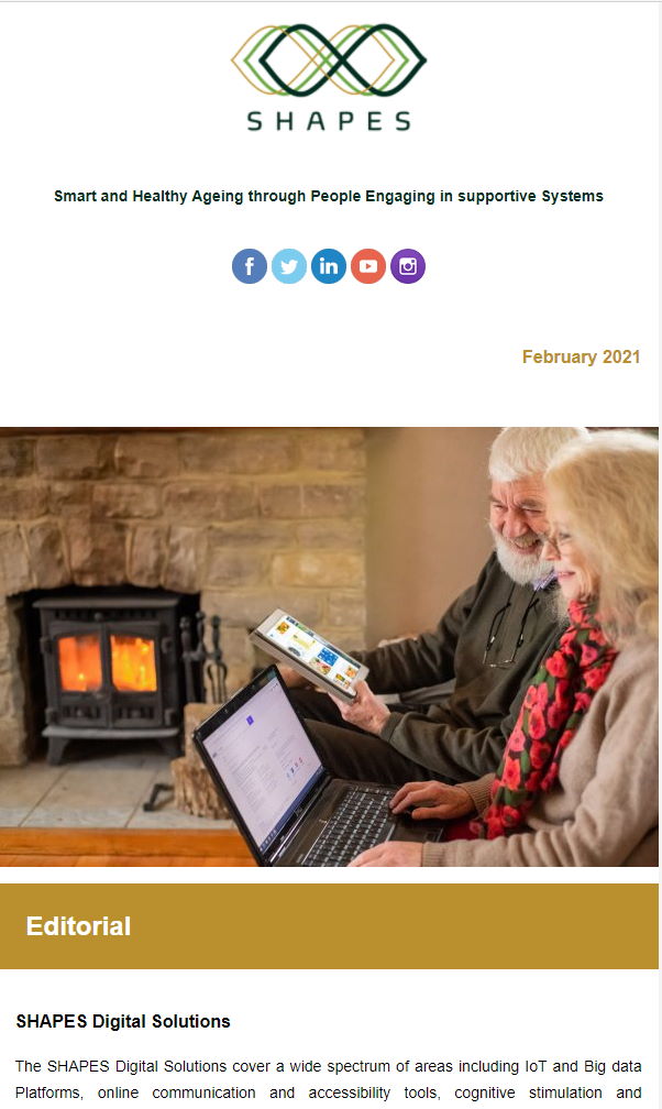 shapesnewsletter3 The cover of the SHAPES third newsletter, featuring two people on a laptop by a fireplace and the beginning of the editorial section