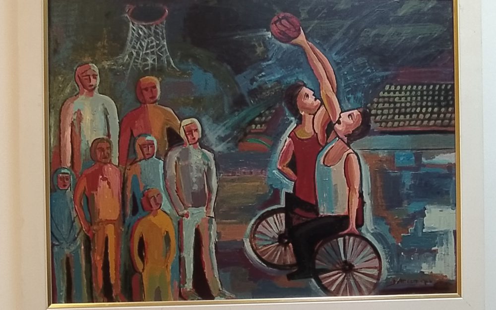 Picture of painting of onlookers watching a game of wheelchair basketball.