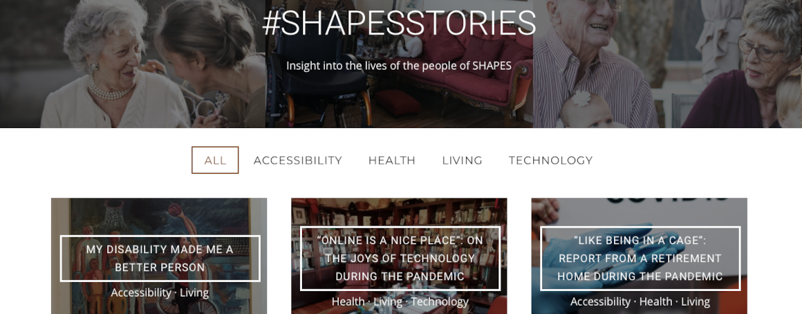 Overview page for #shapesstories on the project’s website with topical filters.