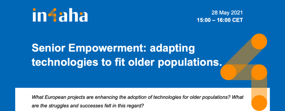 Blue poster with title of event at the centre. Senior Empowerment: adapting technologies to fit older populations.