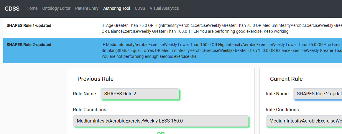 In the image one screenshot of the user interface of the CWDSS clinical and Wellbeing Decision Support System is shown. In particular, the screenshot shows the rules validation tool. This tool compares a number of rules and specifies which of them have changed. In the screenshot example, the differences in the SHAPES Rule2 are shown.