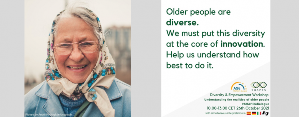 banner stating ”older people are diverse. We must put this diversity at the core of innovation. Help us understand how best to do it”.