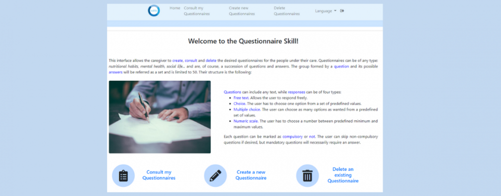Homepage of the Adilib Questionnaires Skill