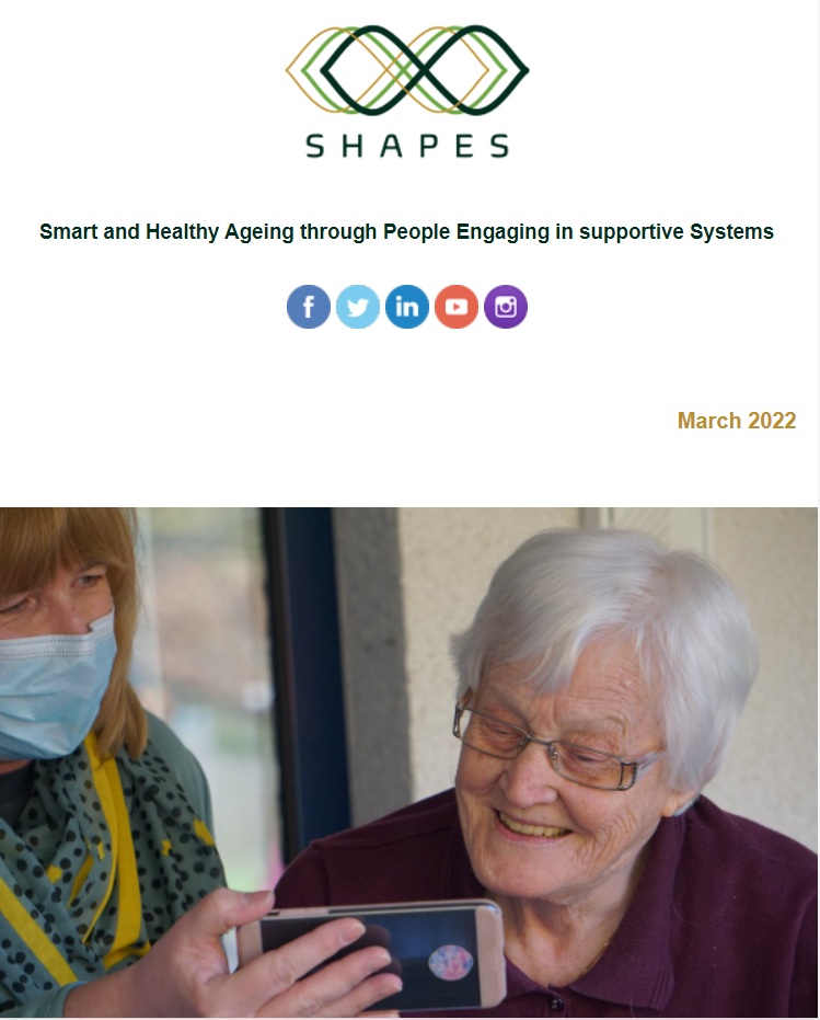 shapesnewsletter6 Image showing the SHAPES newsletter #6 for March 2022. This includes the SHAPES logo and social media icons. At the bottom of the image is a photo of two pepple one is being shown a mobile phone.