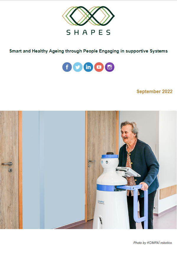 newsletter7 Front page of the 7th SHAPES newsletter with a photo of a woman using a mobility device being assisted by a robot