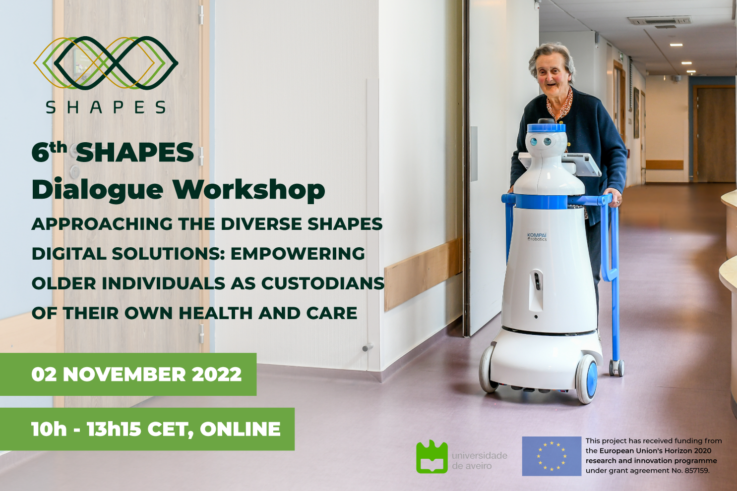 An image of a elderly white woman smiling, using a care robot to navigate.