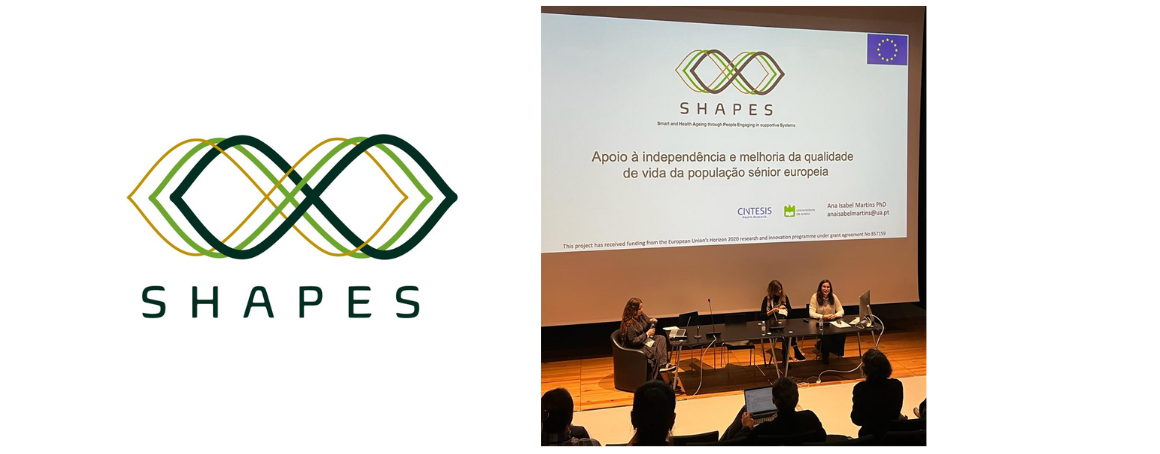 Photograph sits to the right of the presentation by researcher Ana Isabel Martins, from the University of Aveiro (Portugal), at the Good Practices Meeting – The Digital in the Promotion of Active and Healthy Aging, on 13 December 2022, at the University of Aveiro. To the left, there is the SHAPES logo.