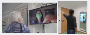 An image sits to the right of a Large smart mirror running Phyx.io To the left, there is a photo of a User using the video call service included in Phyx.io, used to talk to the physiotherapist. 