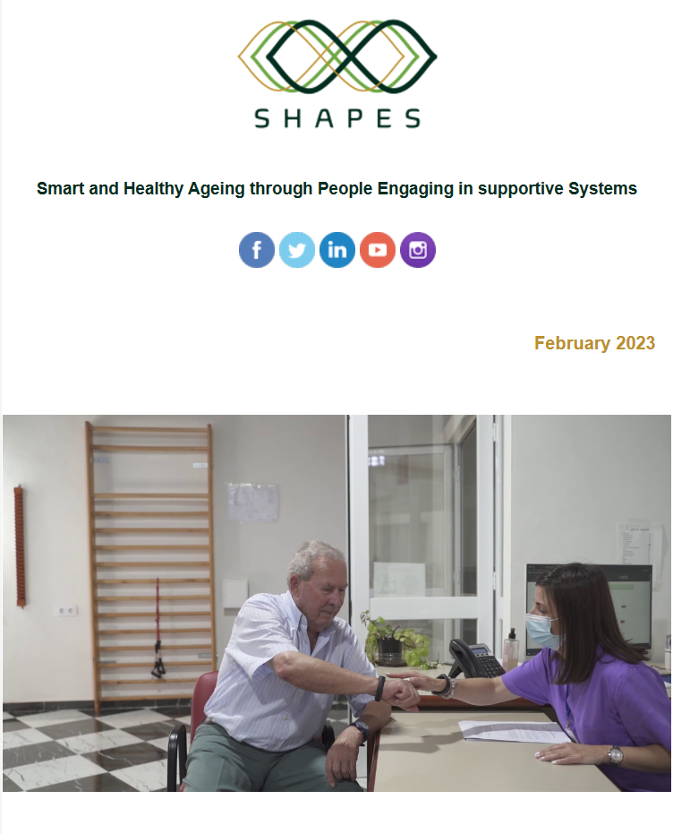 shapesnewsletter8 Image of the February 2023 SHAPES newsletter number 8. The image is of a nurse in a purple gown checking the wrist of an older man who is sitting down on a red chair