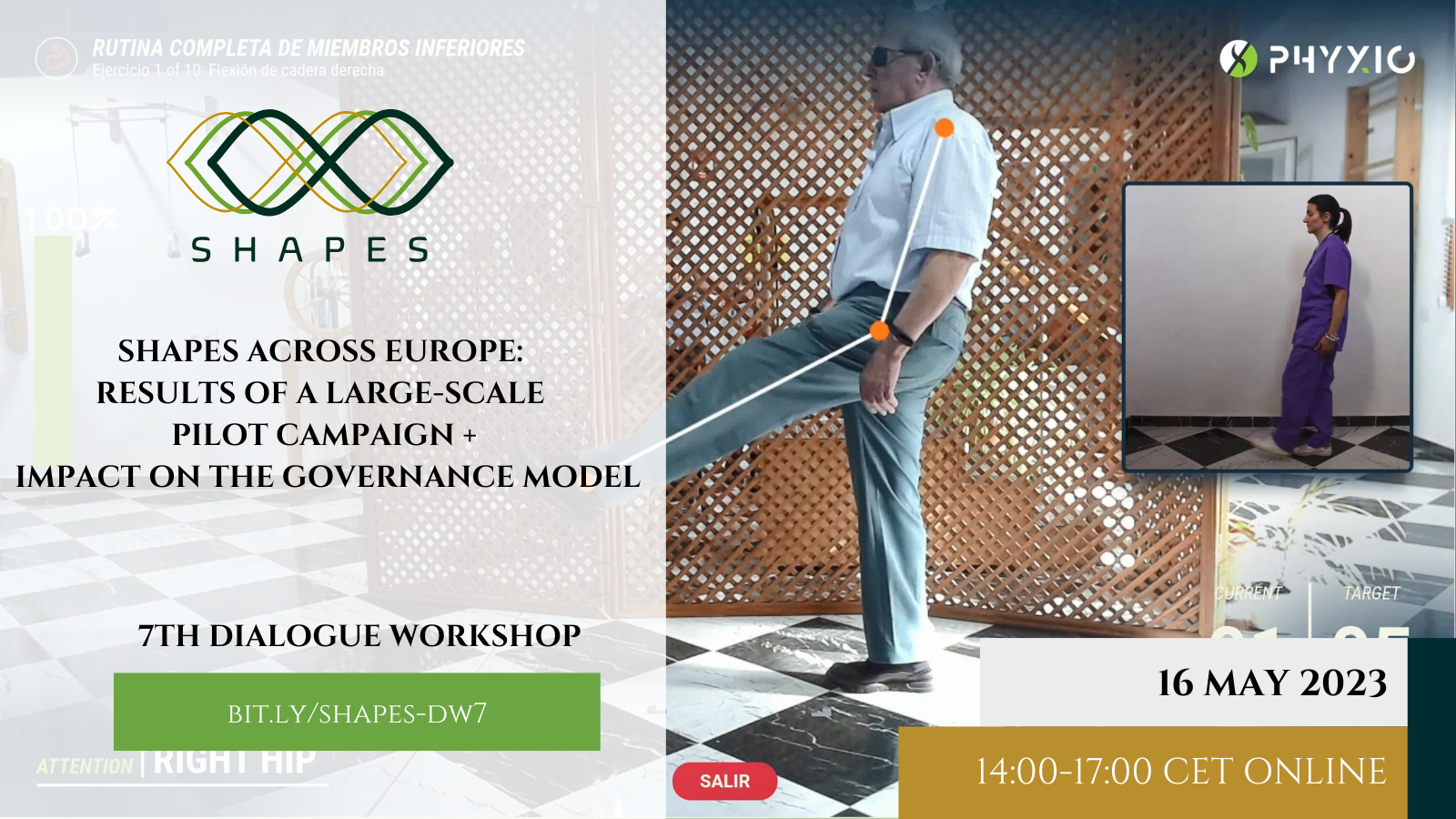 Poster announcing 7th Dialogue workshop entitled: SHAPES ACROSS EUROPE: RESULTS OF A LARGE-SCALE PILOT CAMPAIGN + IMPACT ON THE GOVERNANCE MODEL. Image on poster is of a man in a white shirt and grey trousers walking with a digital overlay line following his back and legs with a smaller box containing an image of a nurse with black hair and in purple scrubs walking.