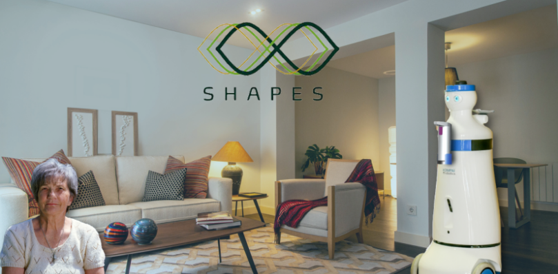 Image of a living room with an assistance robot and older woman overlayed in front and the SHAPES logo in the center.