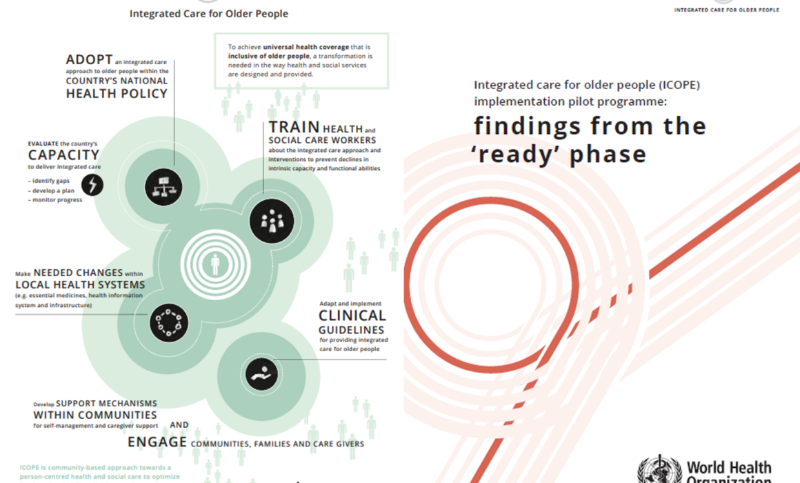 The image displays the infographic of the ICOPE framework and the front page of the ICOPE report on the findings of the first phase