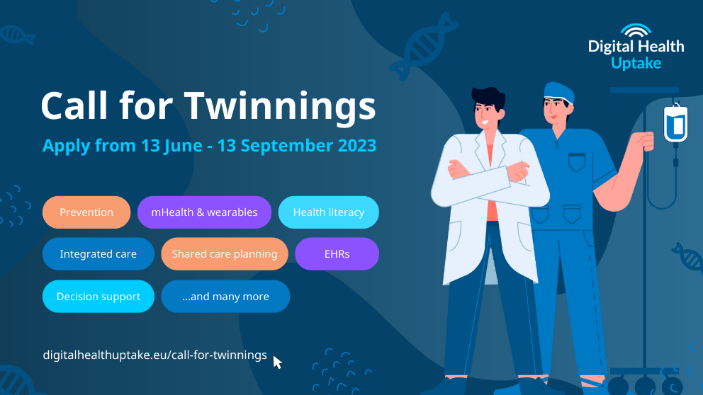 Image with two health care professionals and text stating “Call for Twinnings – Apply from 13 June – 13 September 2023”